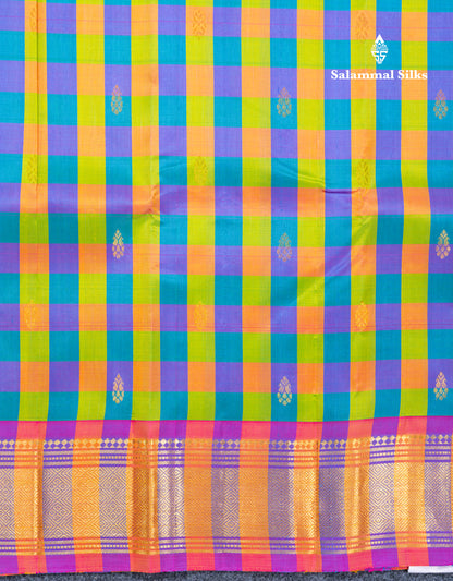 Multicolour Checks Pure Kanjivaram Silk Saree With Contrast Light Pink One Side Traditional Border