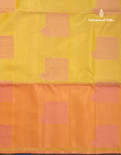 Beautiful Light Yellow Pure Kanjivaram Soft Silk Saree With Contrast Peach Border