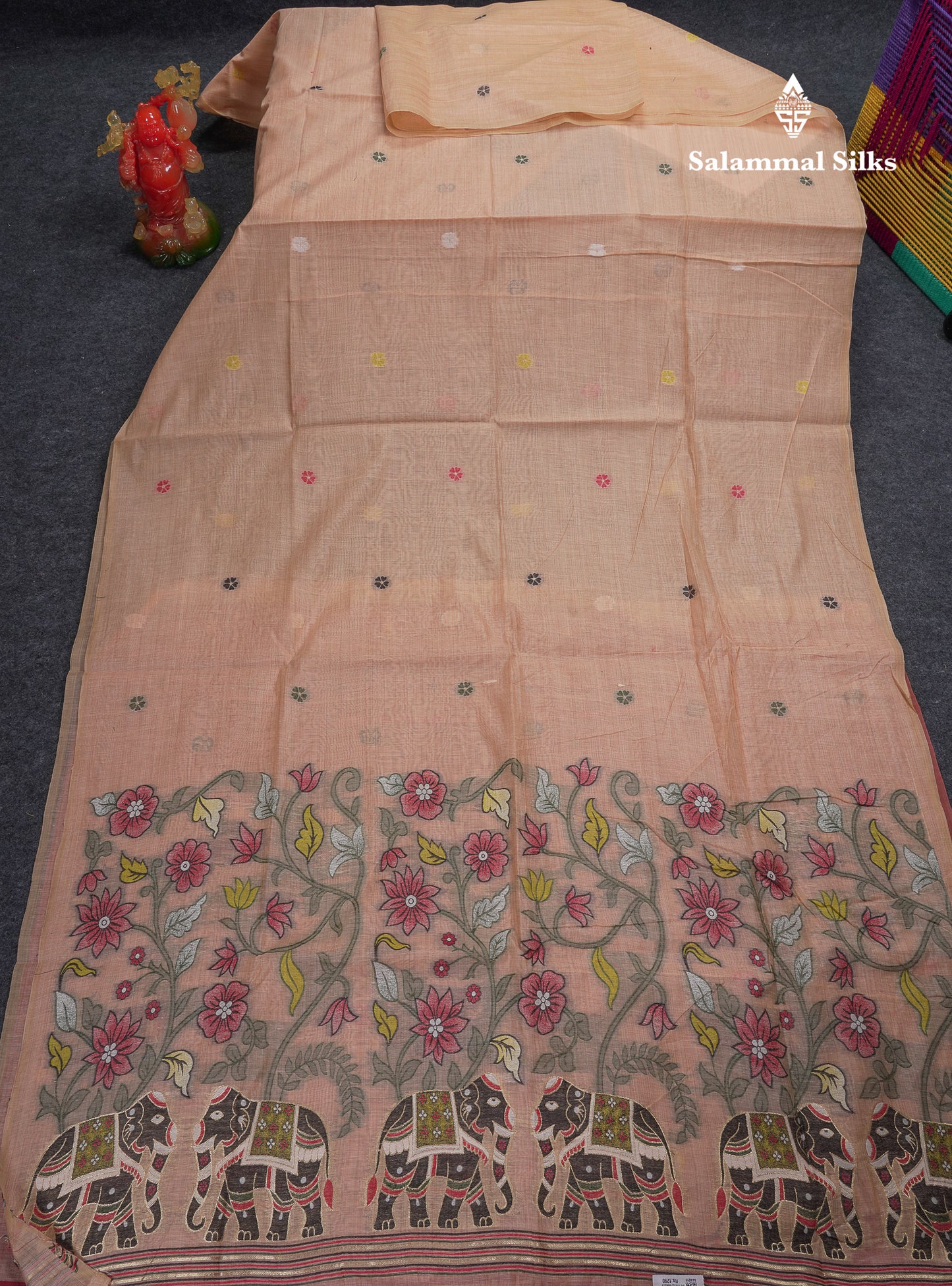 Beautiful Peach Menakari Work  Muga Cotton Saree With Contrast Chilly Red Blouse