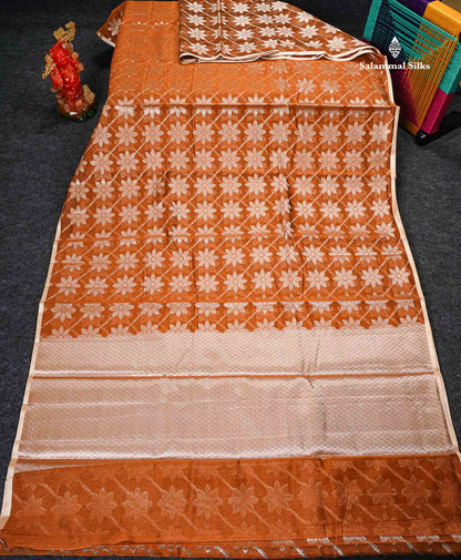 Cotton Mix - Rust Orange Floral Design Fancy Saree With Designer Blouse