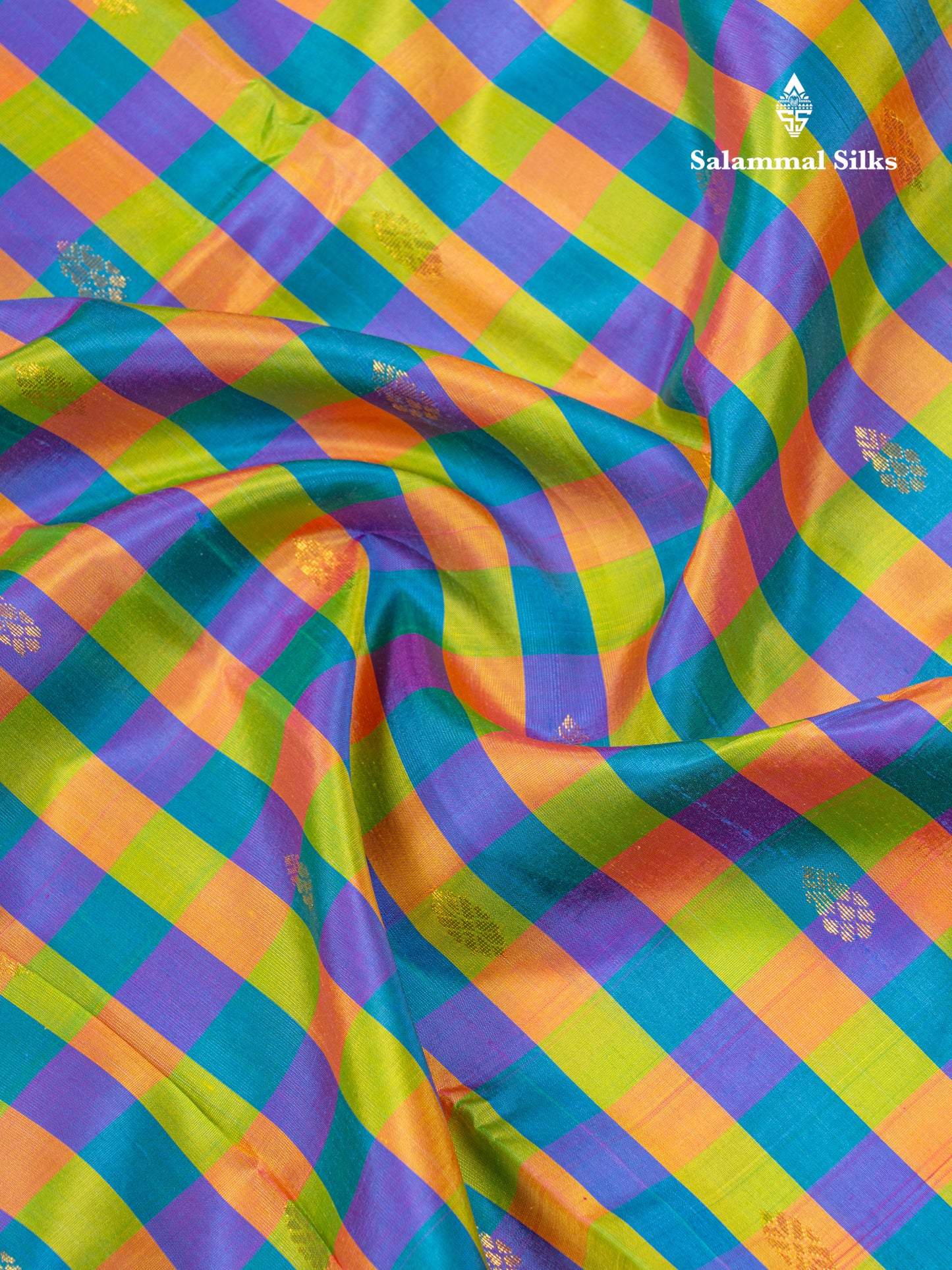 Multicolour Checks Pure Kanjivaram Silk Saree With Contrast Light Pink One Side Traditional Border