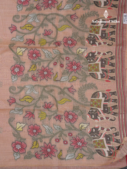 Beautiful Peach Menakari Work  Muga Cotton Saree With Contrast Chilly Red Blouse