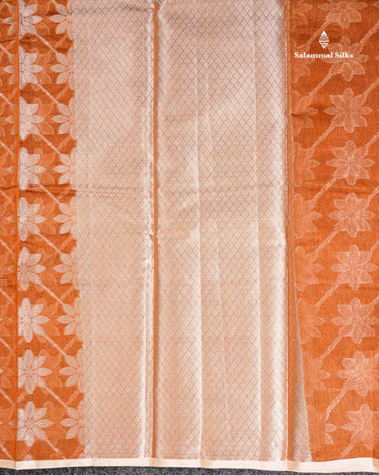 Cotton Mix - Rust Orange Floral Design Fancy Saree With Designer Blouse