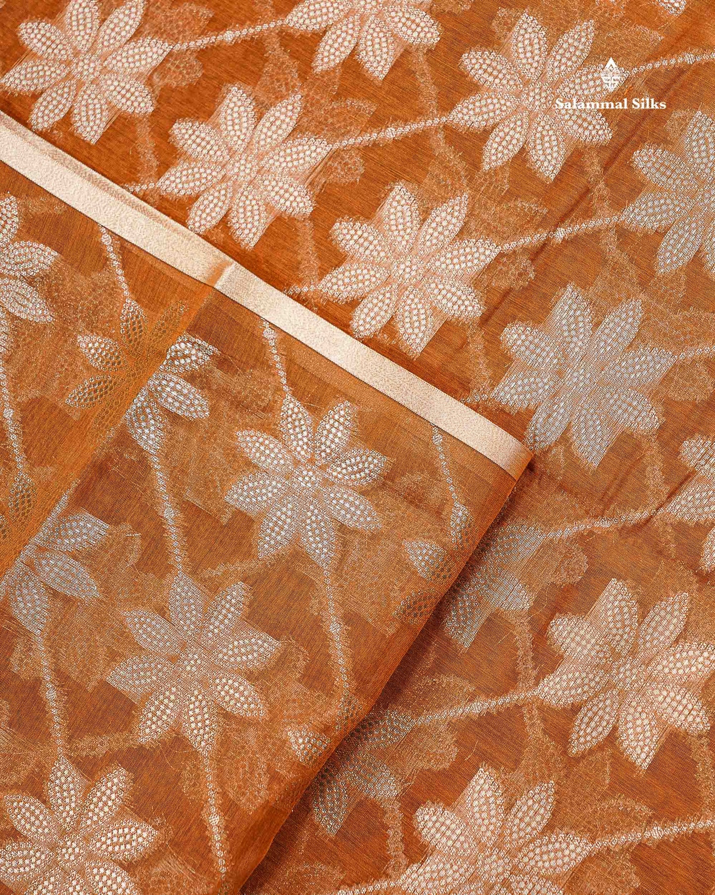 Cotton Mix - Rust Orange Floral Design Fancy Saree With Designer Blouse