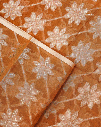 Cotton Mix - Rust Orange Floral Design Fancy Saree With Designer Blouse