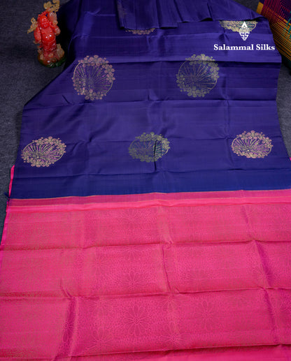 Beautiful Navy Blue Fancy Pure Kanjivaram Silk Saree With Contrast Pink Blouse