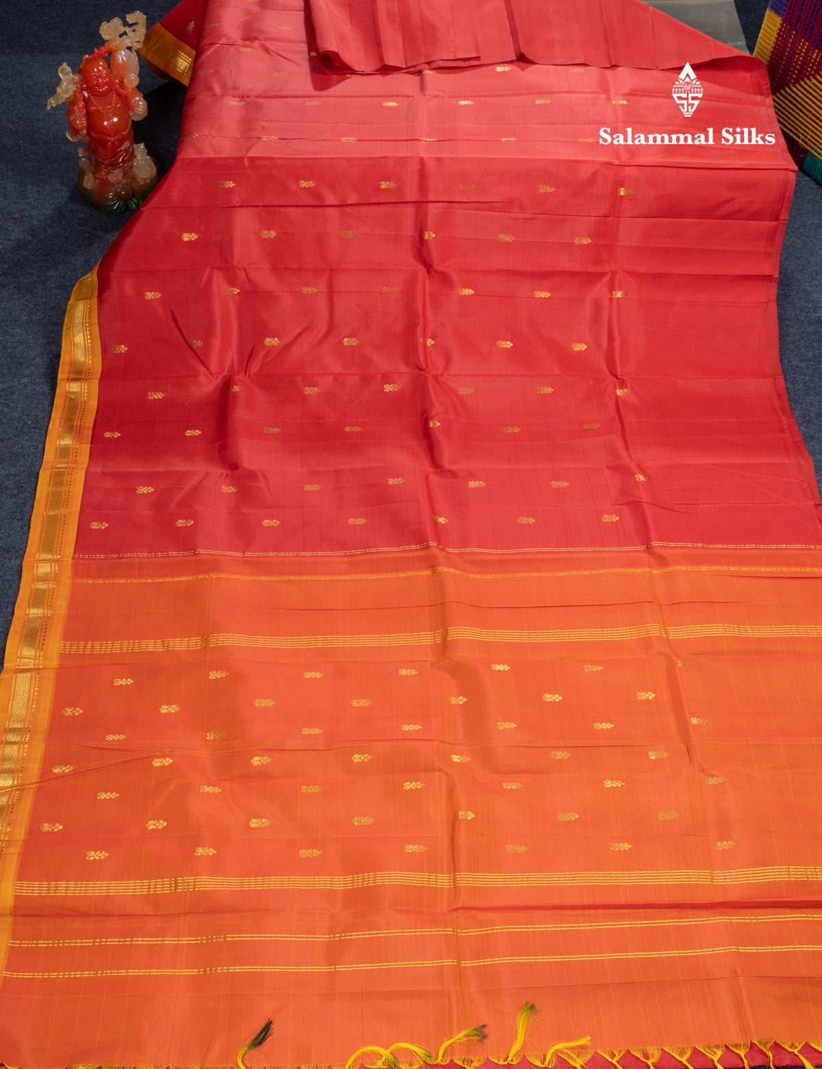 Tomato Red Pure Kanjivaram Silk Saree With Contrast Yellow One Side Traditional Border