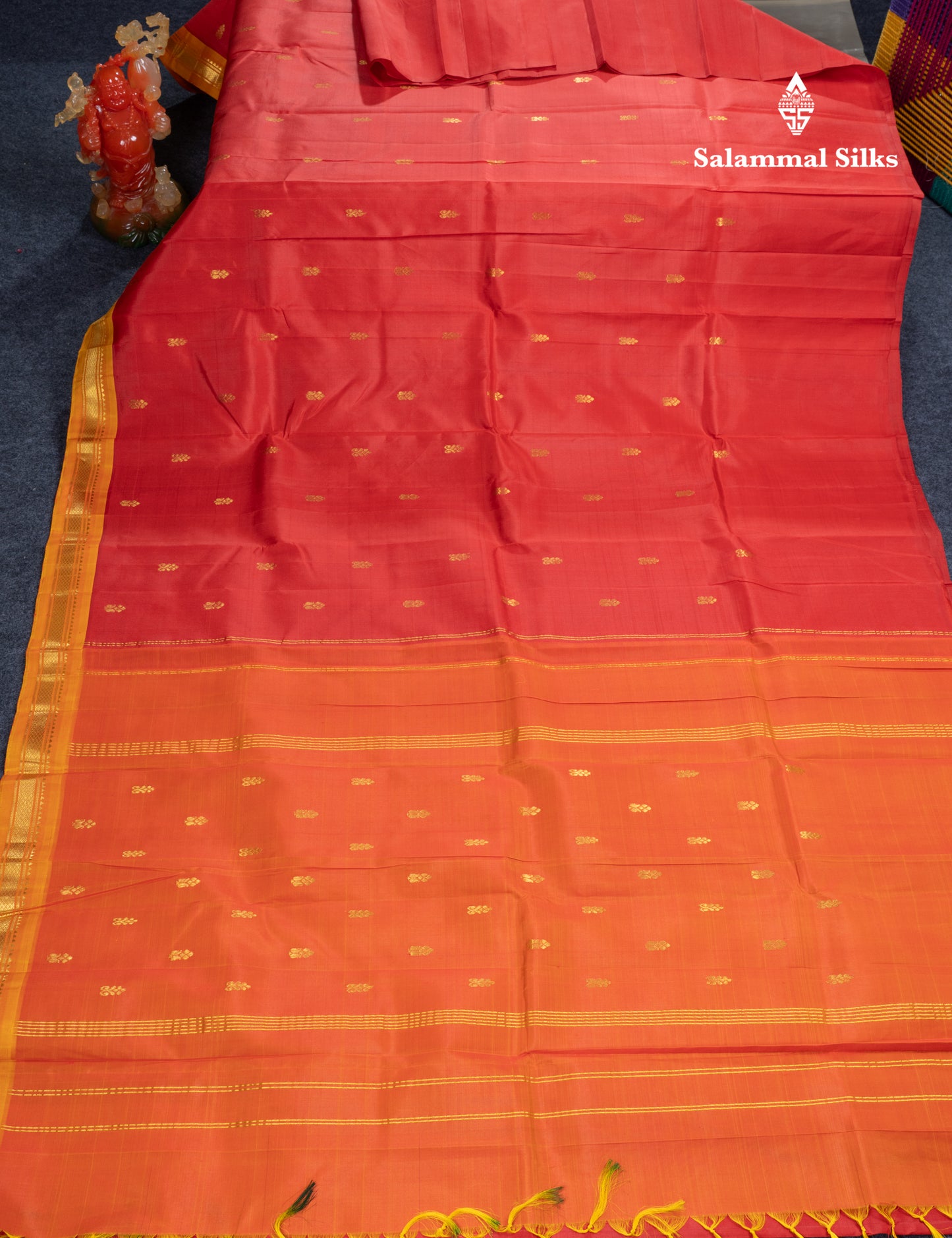 Tomato Red Pure Kanjivaram Silk Saree With Contrast Yellow One Side Traditional Border