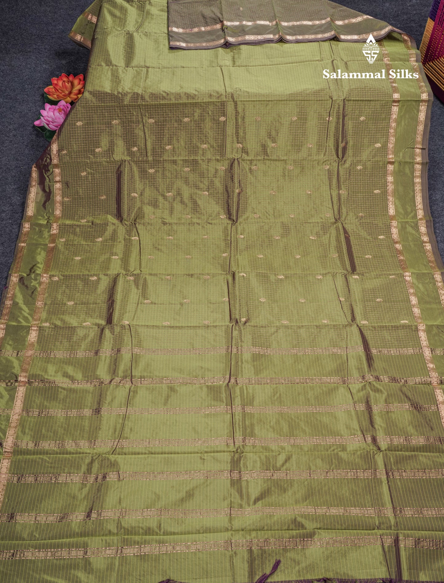 Light Weight Semi Silk Saree - Brown Checks With Butta With Traditional Rettapet Border