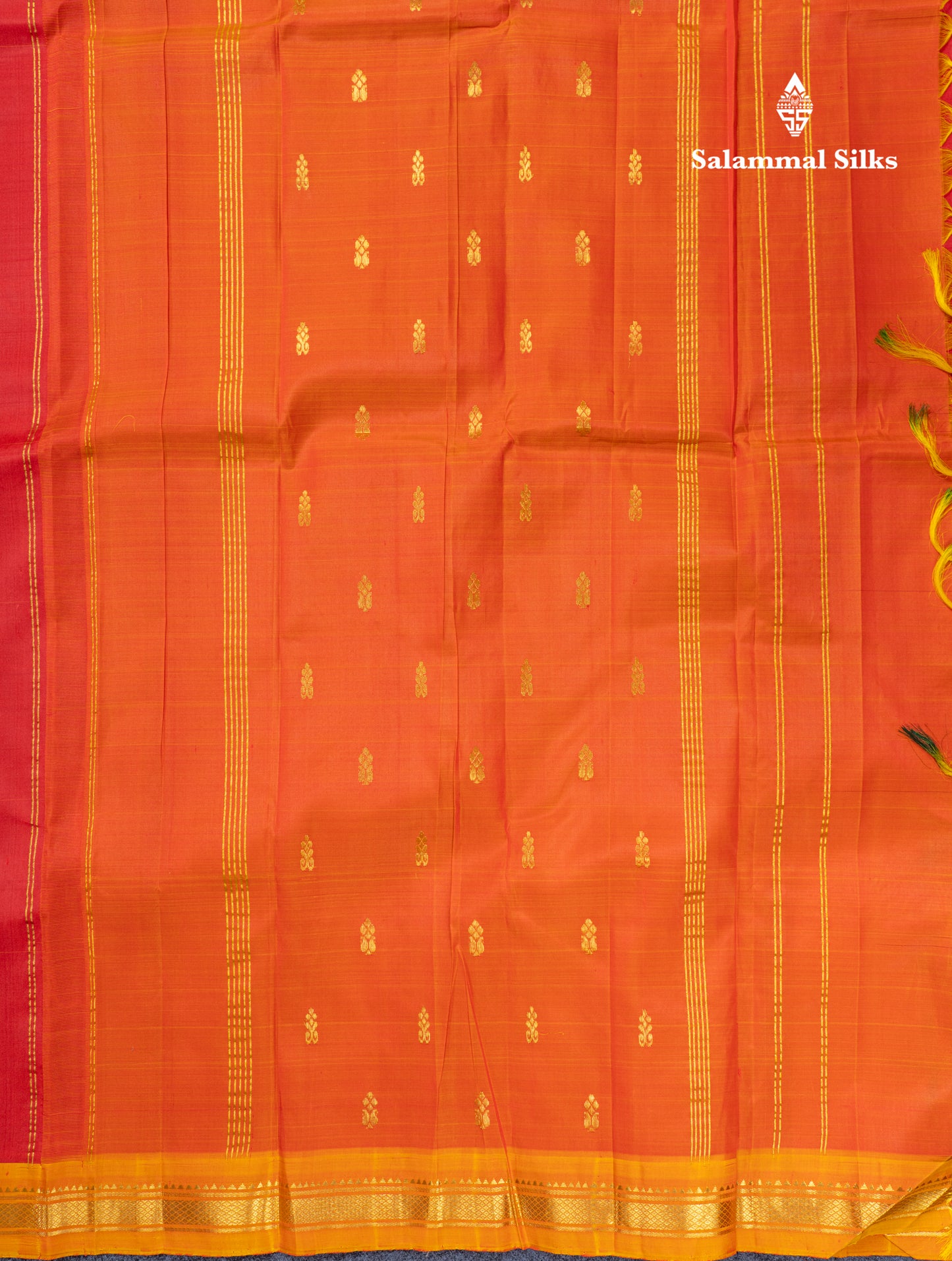 Tomato Red Pure Kanjivaram Silk Saree With Contrast Yellow One Side Traditional Border