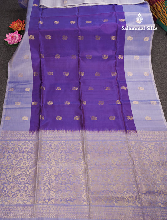 Beautiful Dual Tone Violet Pure Kanjivaram Soft Silk Saree With Contrast Lavender Border