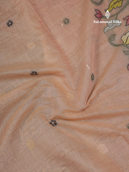 Beautiful Peach Menakari Work  Muga Cotton Saree With Contrast Chilly Red Blouse