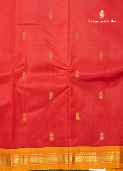 Tomato Red Pure Kanjivaram Silk Saree With Contrast Yellow One Side Traditional Border