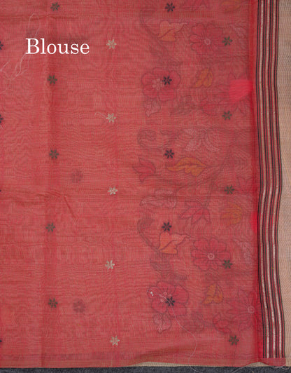 Beautiful Peach Menakari Work  Muga Cotton Saree With Contrast Chilly Red Blouse