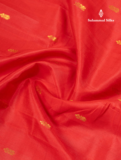 Tomato Red Pure Kanjivaram Silk Saree With Contrast Yellow One Side Traditional Border
