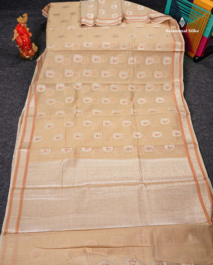 Fancy Cotton Mix Saree - Cream Sandal Silver & Copper Zari Buttta With Fancy Border