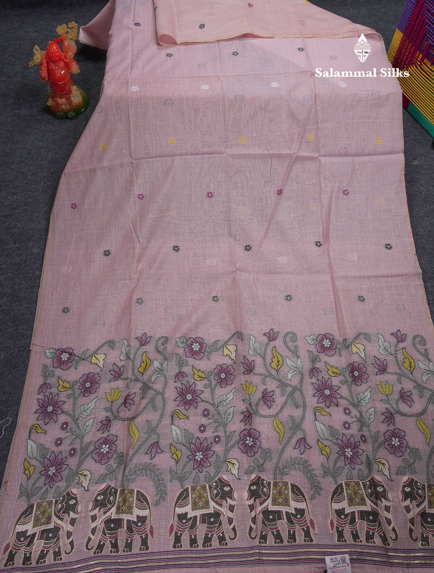 Beautiful Peach Menakari Work  Muga Cotton Saree With Contrast Chilly Red Blouse