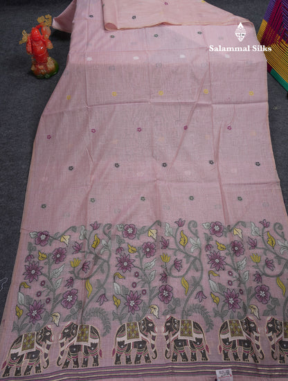Beautiful Peach Menakari Work  Muga Cotton Saree With Contrast Chilly Red Blouse