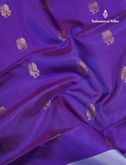 Beautiful Dual Tone Violet Pure Kanjivaram Soft Silk Saree With Contrast Lavender Border