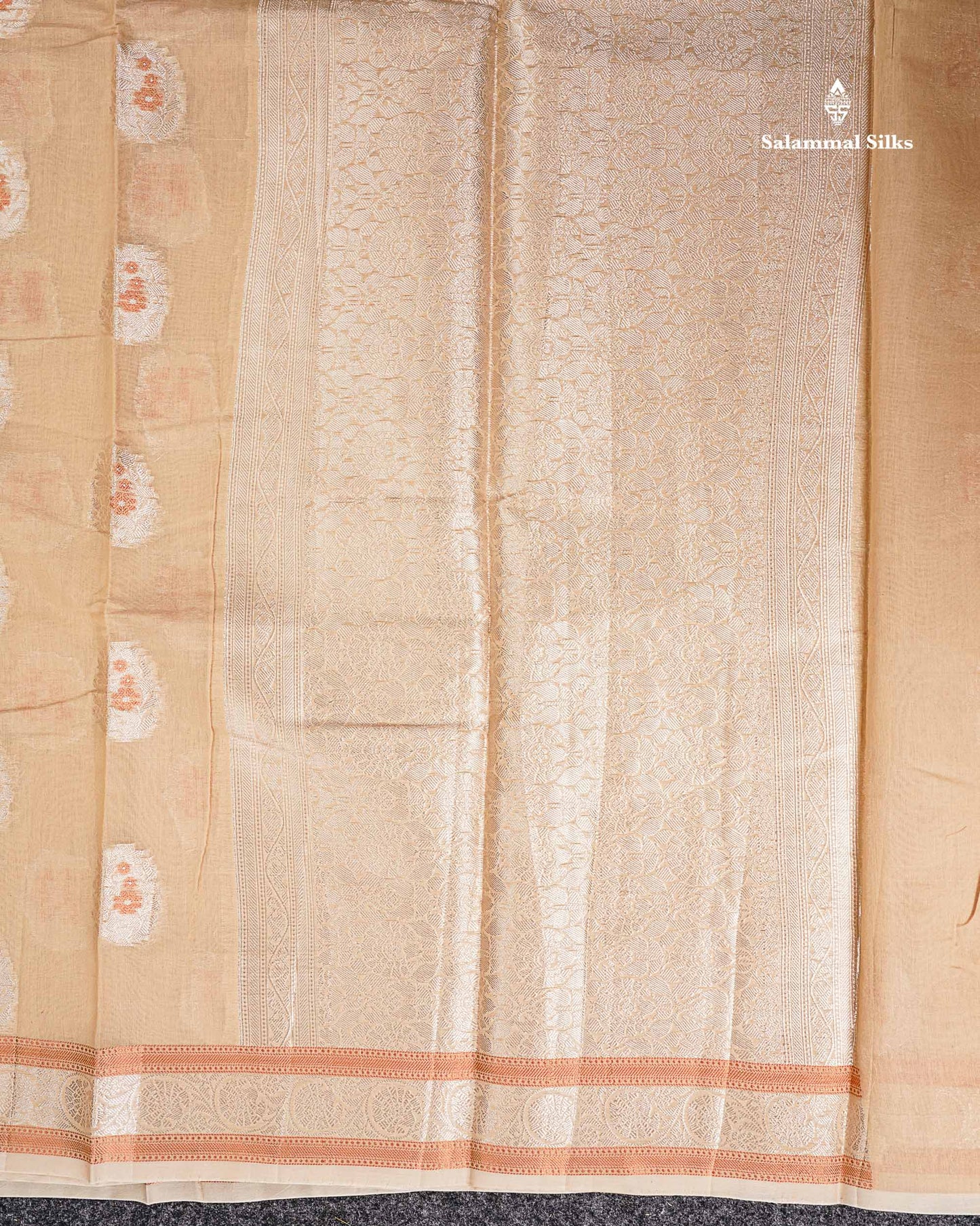 Fancy Cotton Mix Saree - Cream Sandal Silver & Copper Zari Buttta With Fancy Border