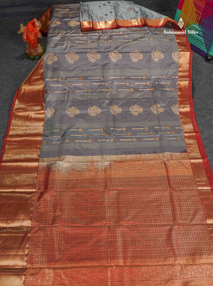 Semi Silk Saree - Grey Colour Body With Contrast Maroon Evening Morning Border 