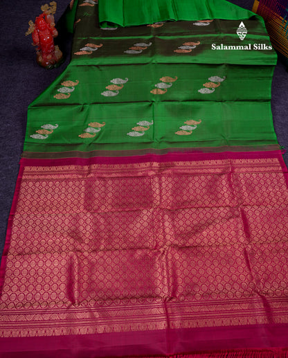 Beautiful Dual Tone Green Fancy Pure Kanjivaram Silk Saree With Contrast Dual Tone Maroon Blouse