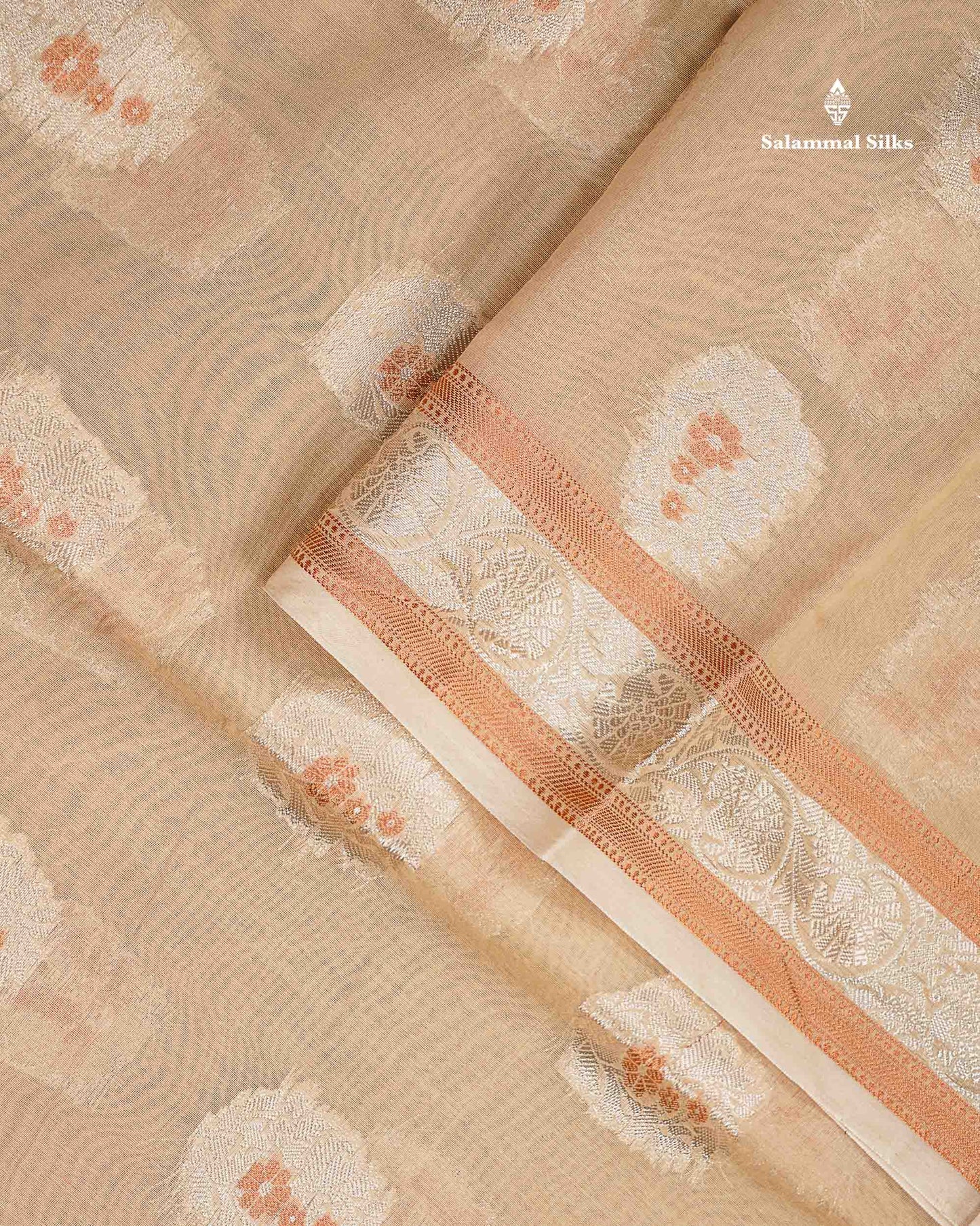 Fancy Cotton Mix Saree - Cream Sandal Silver & Copper Zari Buttta With Fancy Border