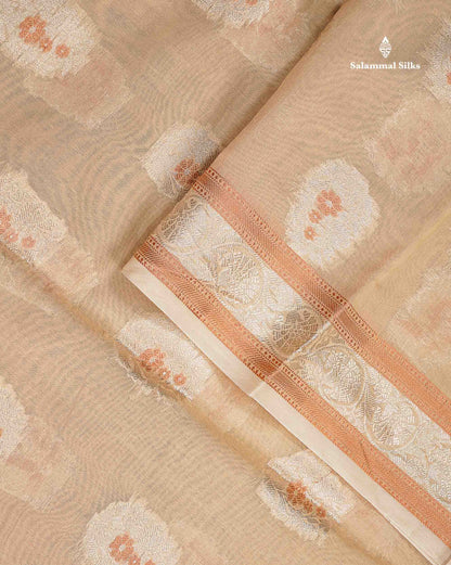 Fancy Cotton Mix Saree - Cream Sandal Silver & Copper Zari Buttta With Fancy Border
