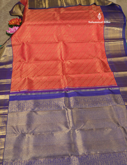 Tomato Red Pure Kanjivaram Silk Saree (2G) Zari With Contrast Navy Blue Border