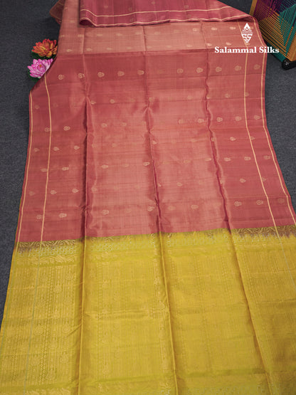 Beautiful Light Chocolate Pure Kanjivaram Soft Silk Saree With Contrast Manthulir Yellow Blouse