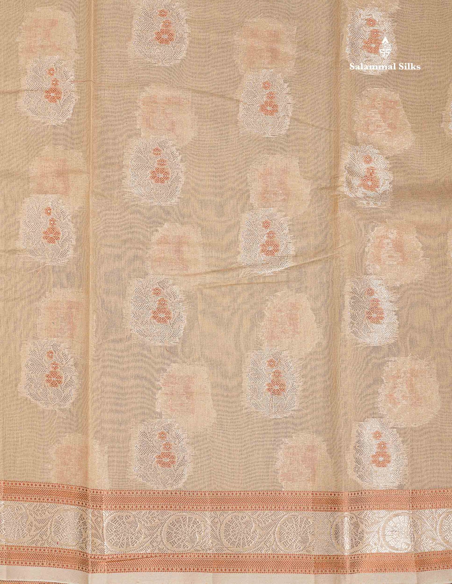 Fancy Cotton Mix Saree - Cream Sandal Silver & Copper Zari Buttta With Fancy Border
