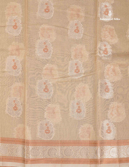 Fancy Cotton Mix Saree - Cream Sandal Silver & Copper Zari Buttta With Fancy Border
