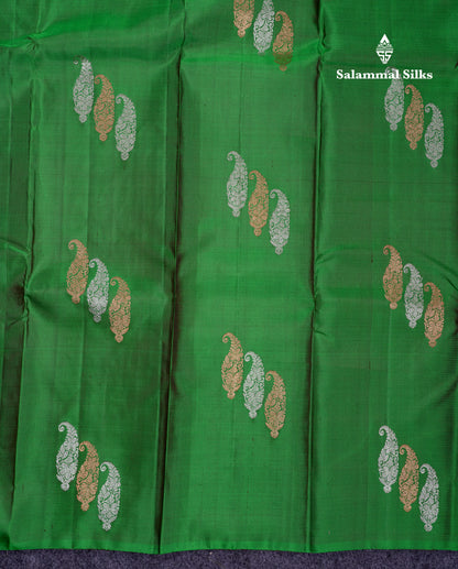 Beautiful Dual Tone Green Fancy Pure Kanjivaram Silk Saree With Contrast Dual Tone Maroon Blouse