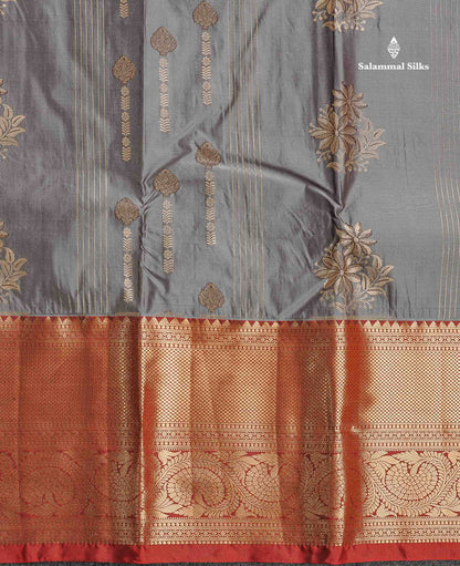 Semi Silk Saree - Grey Colour Body With Contrast Maroon Evening Morning Border