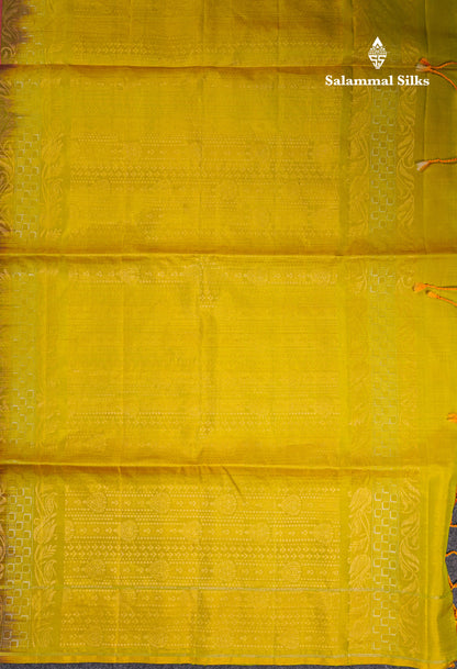 Beautiful Light Chocolate Pure Kanjivaram Soft Silk Saree With Contrast Manthulir Yellow Blouse
