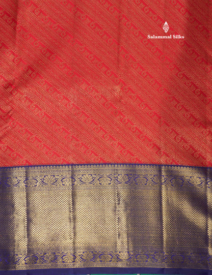 Tomato Red Pure Kanjivaram Silk Saree (2G) Zari With Contrast Navy Blue Border