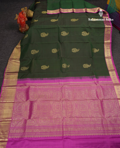 Beautiful Bottle Green Pure Kanjivaram Silk Saree with Contrast Pink Traditional Evening Morning Border