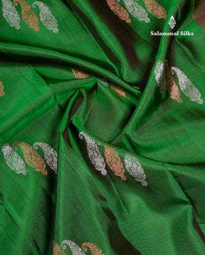 Beautiful Dual Tone Green Fancy Pure Kanjivaram Silk Saree With Contrast Dual Tone Maroon Blouse