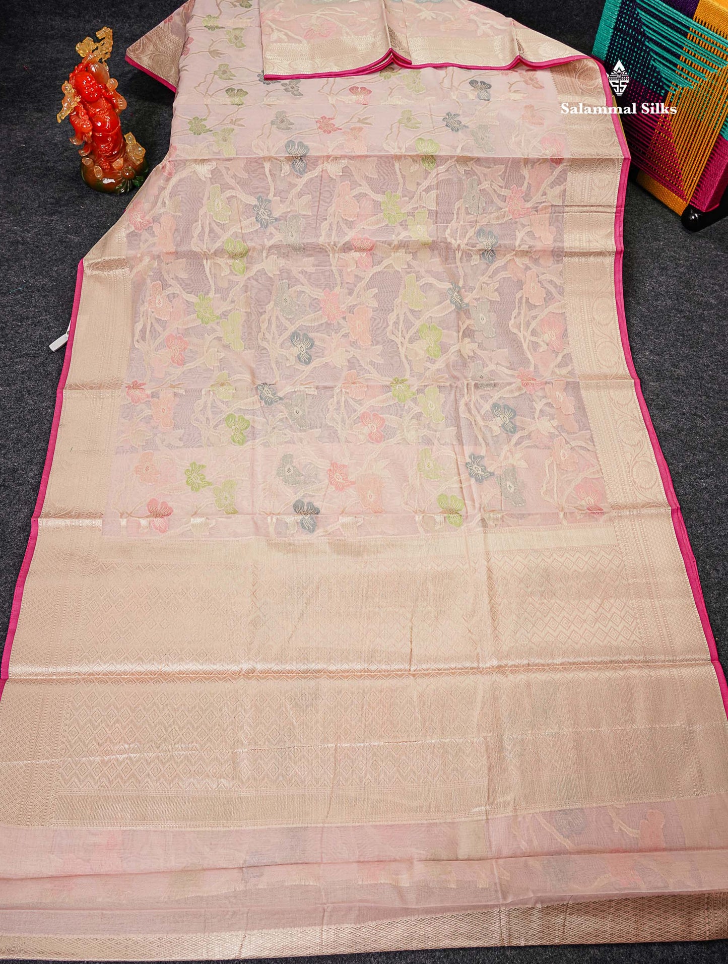 Cotton Mix Saree - Peach Meenakari Work Along With Fancy Border