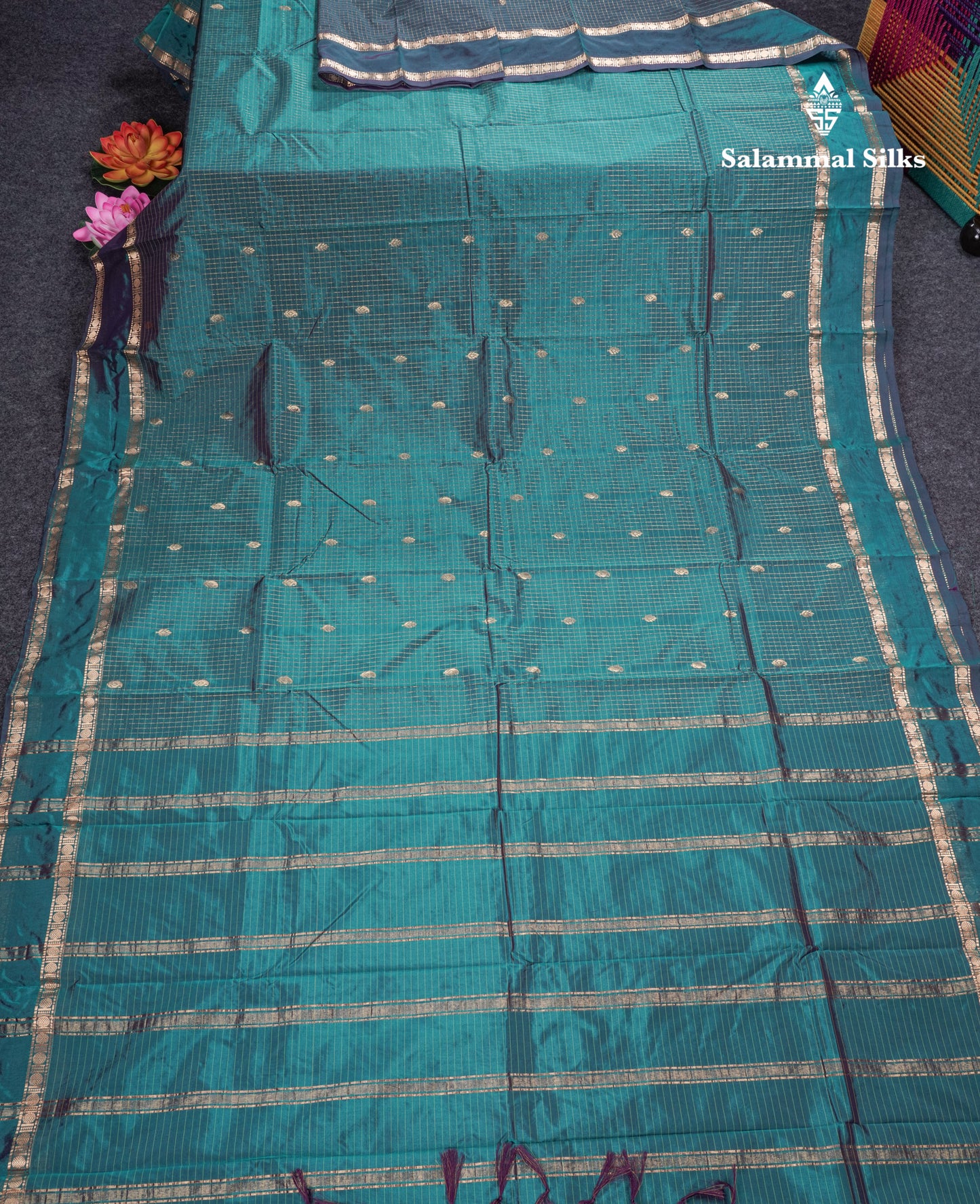 Light Weight Semi Silk Saree - Brown Checks With Butta With Traditional Rettapet Border