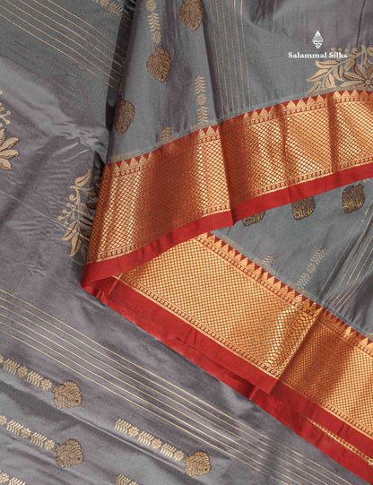 Semi Silk Saree - Grey Colour Body With Contrast Maroon Evening Morning Border
