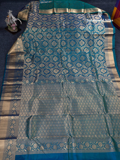 Beautiful Peacock Blue Bridal Pure Kanjivaram Silk Saree With Traditional Evening Morning Border