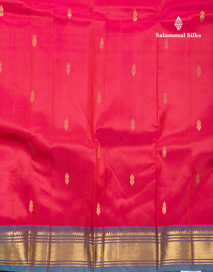 Dual Tone Reddish Pink Pure Kanjivaram Silk Saree With Contrast Light Blue One Side Traditional Border