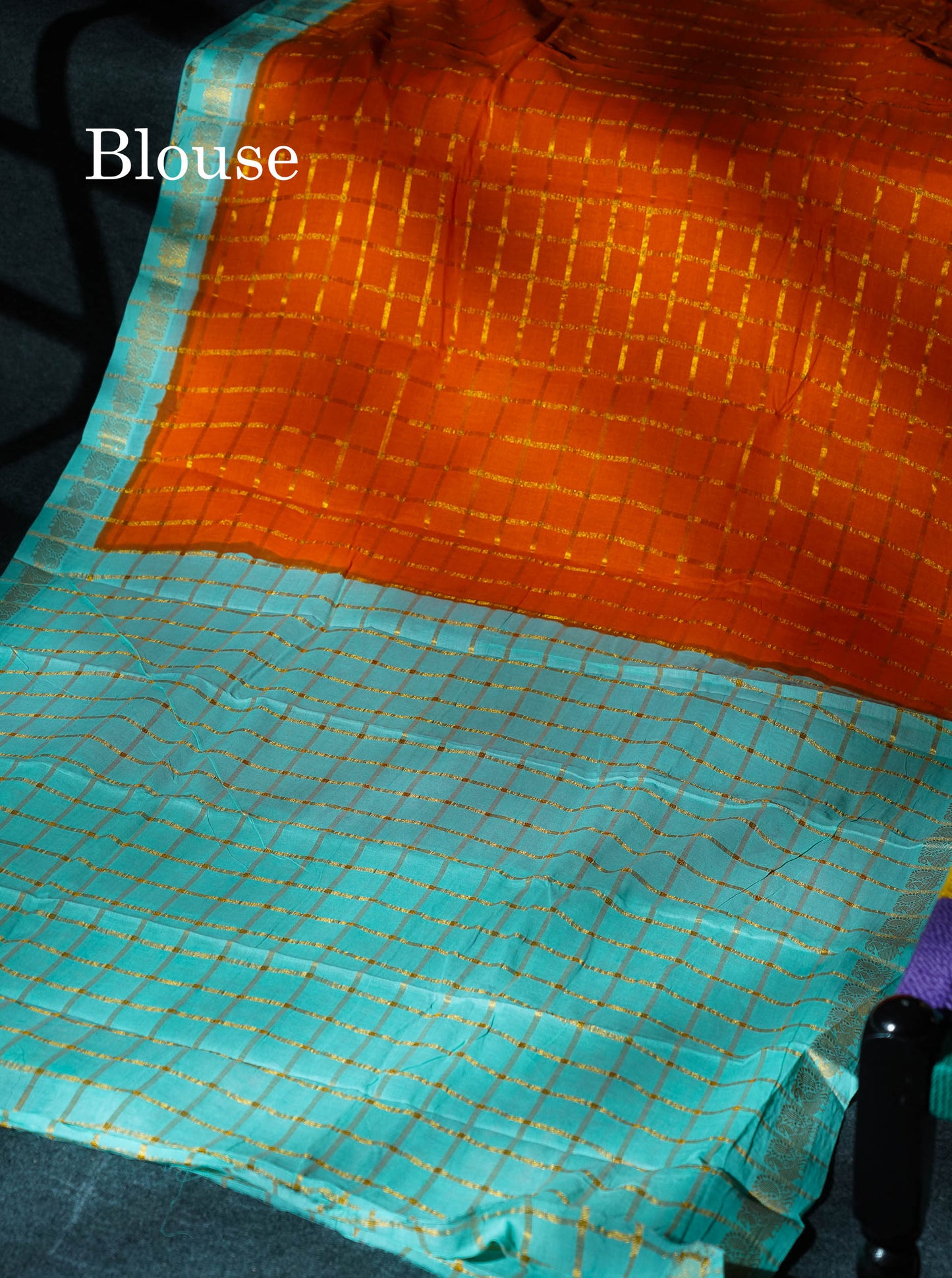 Beautiful Orange Zari Checks Sungudi Cotton Saree With Contrast Sea Blue Traditional Border