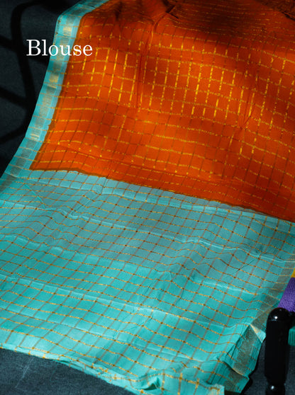 Beautiful Orange Zari Checks Sungudi Cotton Saree With Contrast Sea Blue Traditional Border