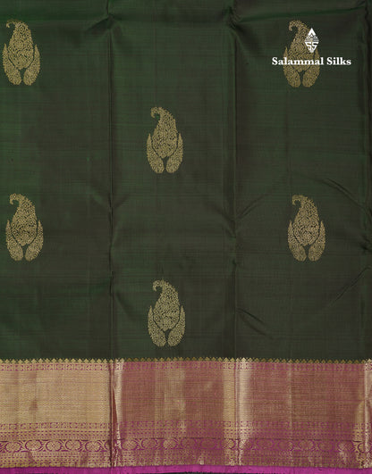 Beautiful Bottle Green Pure Kanjivaram Silk Saree with Contrast Pink Traditional Evening Morning Border