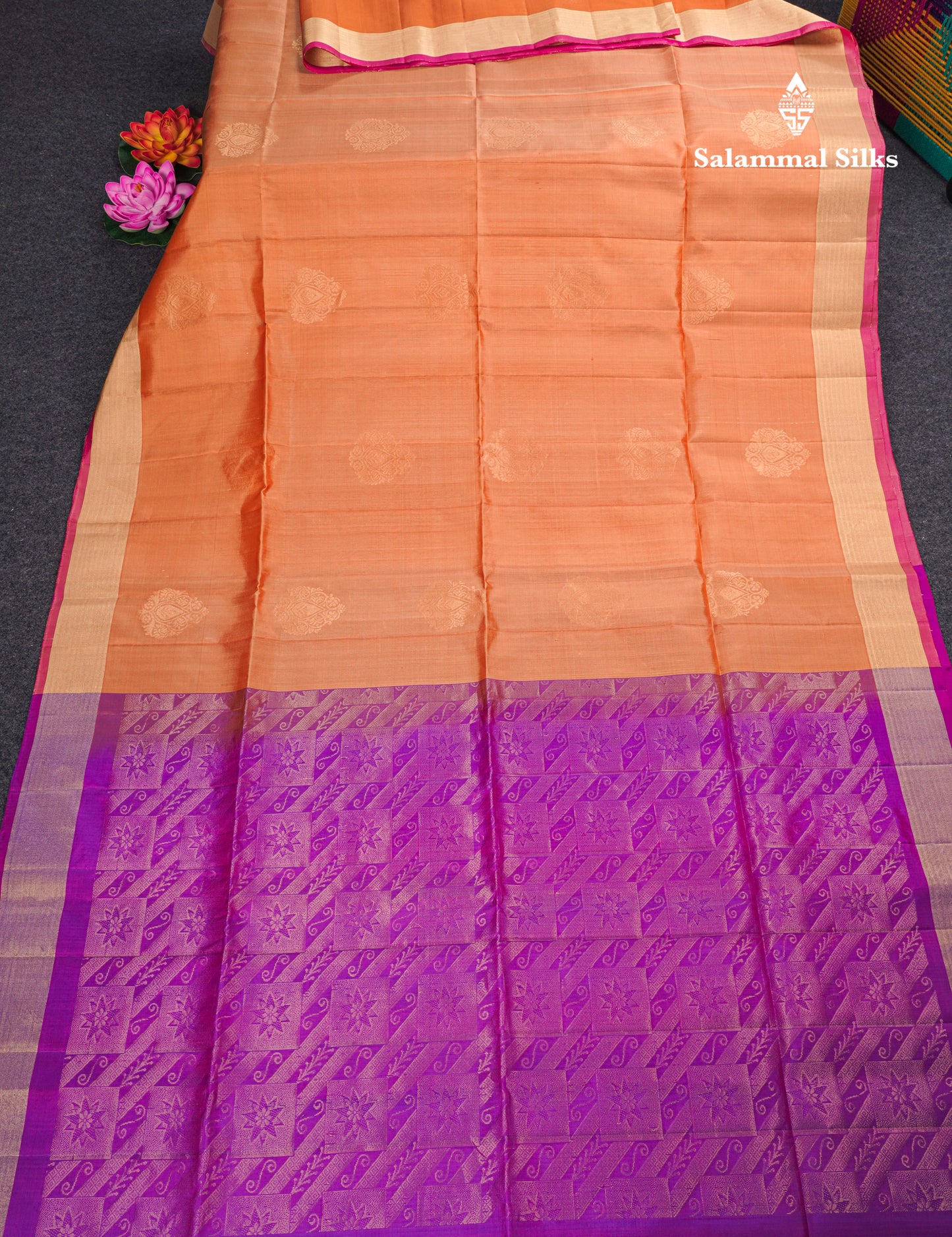 Beautiful Peach Pure Kanjivaram Soft Silk Saree With Contrast Vadamalli Blouse