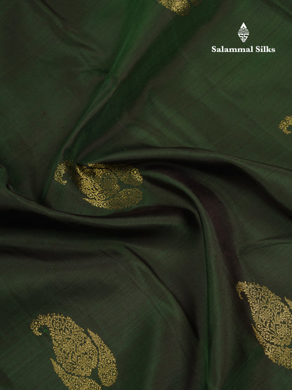 Beautiful Bottle Green Pure Kanjivaram Silk Saree with Contrast Pink Traditional Evening Morning Border