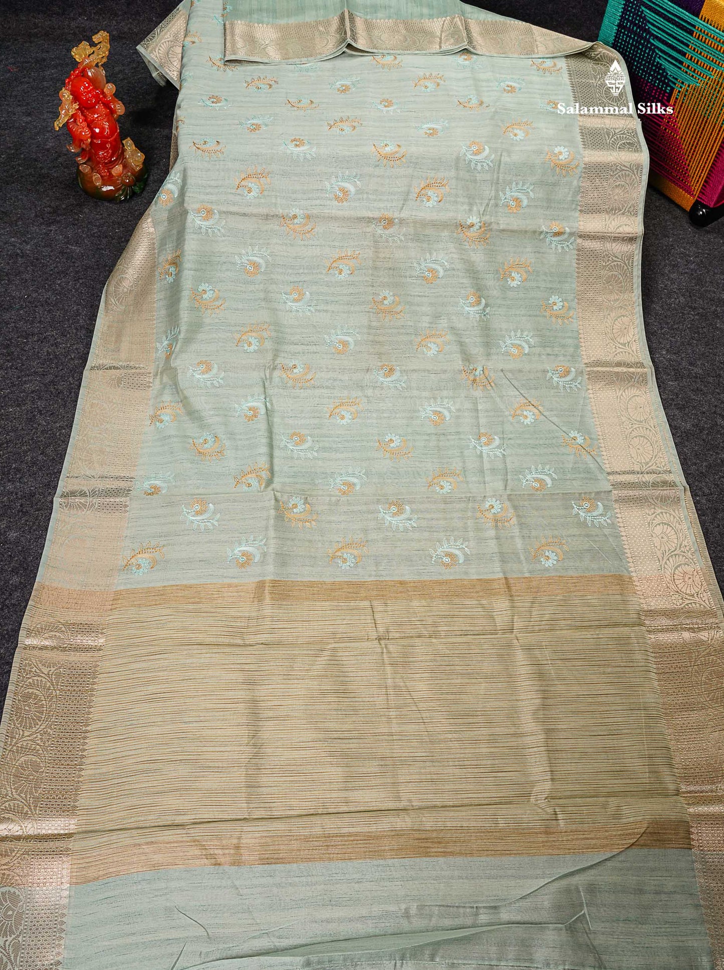 Cotton Mix Saree - Sea Blue Embroidery Work Along With Fancy Border