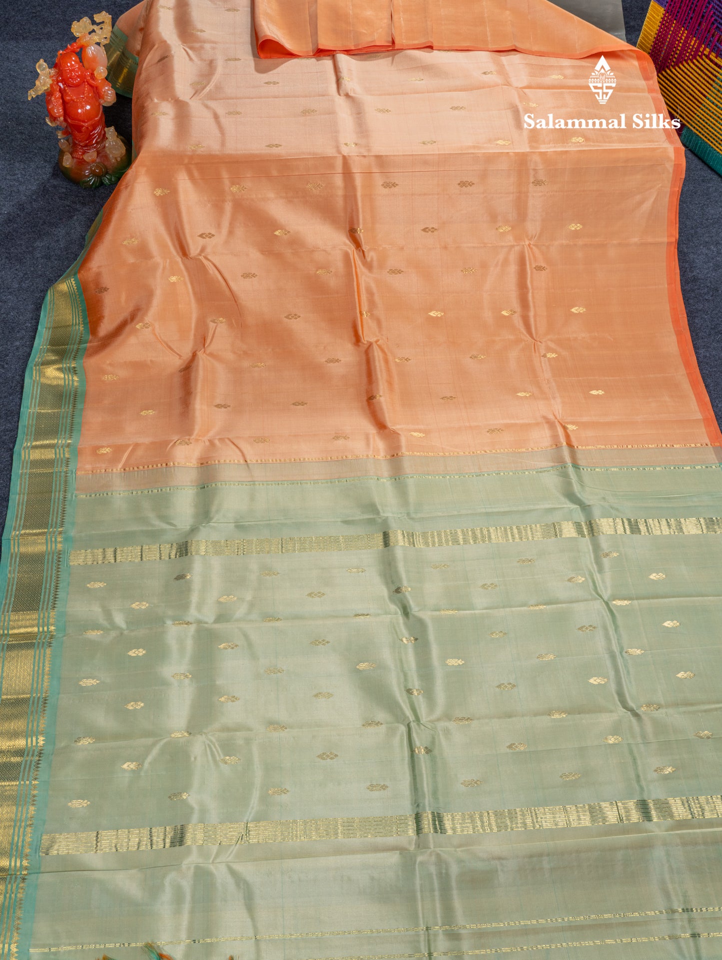 Light Peach Pure Kanjivaram Silk Saree With Contrast Light Rexona One Side Traditional Border